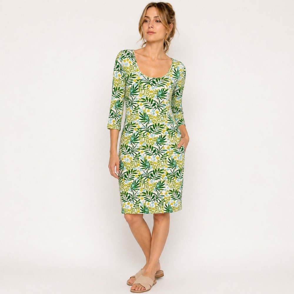 Persifor Kilpatrick Garden Dress Womens Small Palm Leaf Print Green Blue Jersey